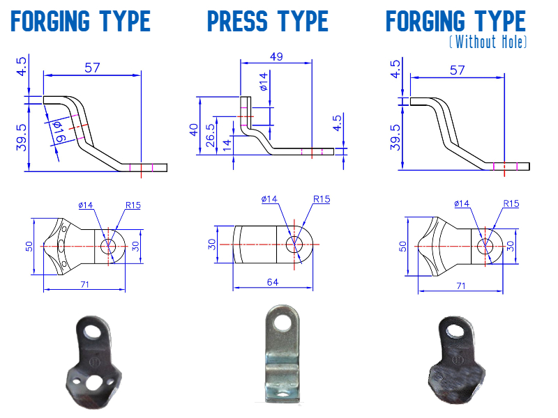 Forging Type Retainer Catch ( Forged Retainer Catch ) Press Type Retainer Catch ( Pressed Retainer Catch / Flat Custom Catch ) Forging Type Retainer Catch ( without hole ) Door Handle Retainer Catch