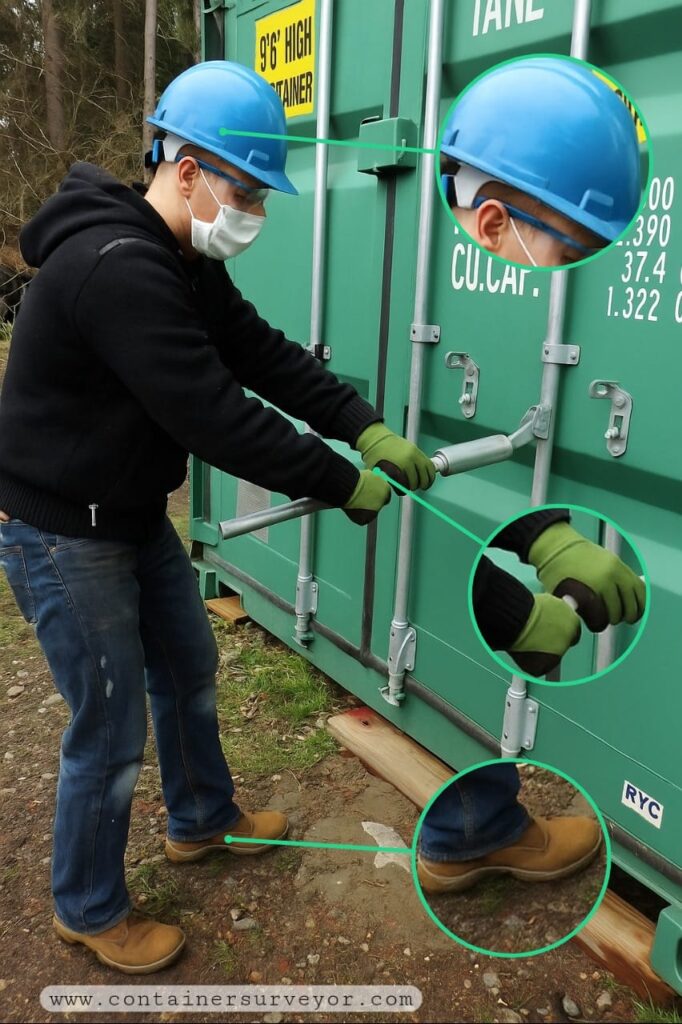 Before opening the container door